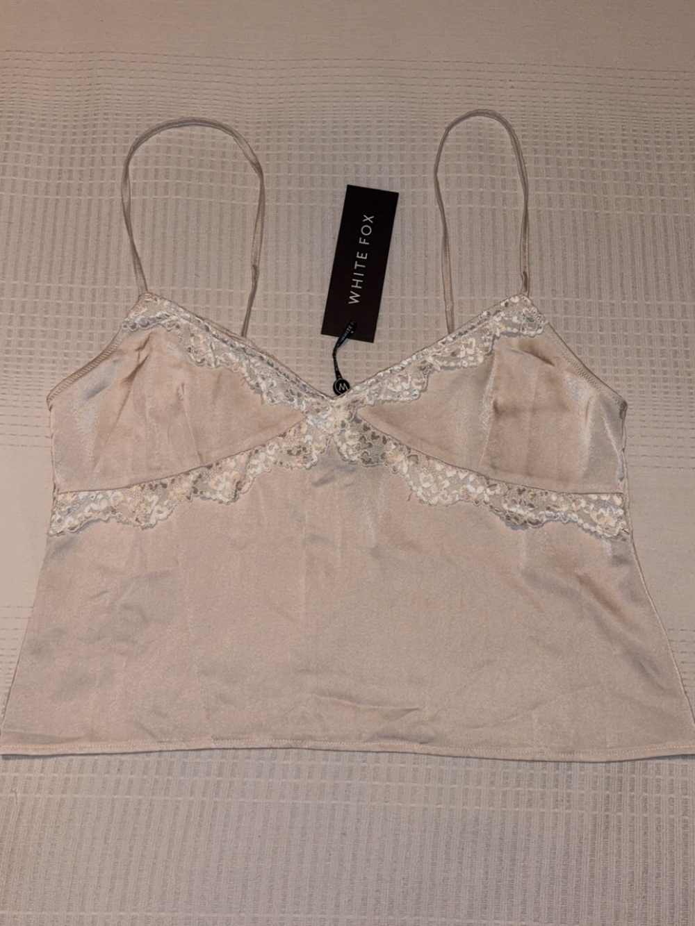 White Fox Boutique Cream Lace Trim Satin Cami Top